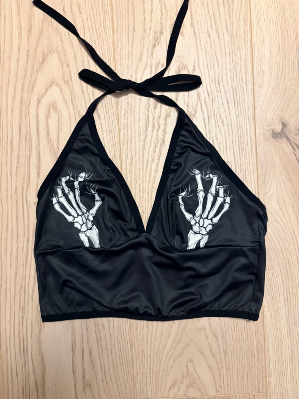2/$5 Black Skeleton Hand Halter Crop Top Size Small Gothic Y2K Punk Grunge